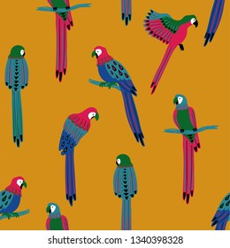 Wildlife birds print. Seamless pattern with colorful parrots on a yellow background.