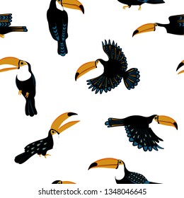 Wildlife birds print. Seamless pattern with funny toucans on a white background.