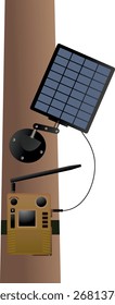 Armadilha de câmera de vida selvagem com painel solar montado na árvore - Ilustração de vetor