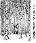Wildlife carbon drawing. Deer in winter forest vector