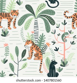 Wildlife color vector seamless pattern. Panther and tiger background. Rainforest, jungle fauna, flora. Tropical plants, palms, flowers. Decorative animal textile, wallpaper, wrapping paper design