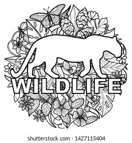Wildlife coloring page with leopard and tropical plants