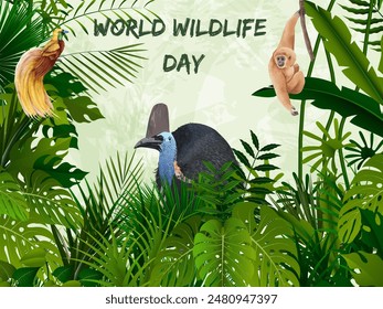 Wildlife commemoration day by celebrating several animals in Indonesia, namely the cassowary, bird of paradise and gibbon, which are already threatened with extinction. with a forest background