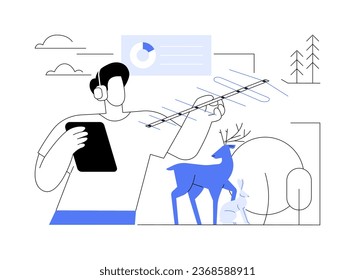 Wildlife conservation data abstract concept vector illustration. Man holds antenna to get signal about animal, wildlife protection, IT technology, big data and machine learning abstract metaphor.