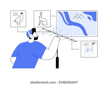 Dados de conservação da vida selvagem ilustrações isoladas do vetor cartoon. O homem segura uma antena para receber sinais sobre o animal, a proteção da vida selvagem, a tecnologia de TI, os megadados e os desenhos vetoriais de aprendizagem de máquina.