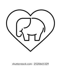 Wildlife conservation, elephant with heart icon. Outline style. Vector. Isolate on white background.