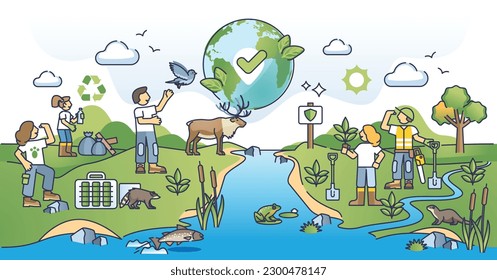 Wildlife conservation and habitat restoration as green work outline concept. Environmentalist job as animal protection, sustainable future awareness and national park preservation vector illustration