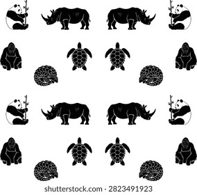 Wildlife conservation pattern featuring black silhouettes of endangered animals like pandas, rhinos, gorillas, pangolins, and turtles on white