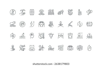 Wildlife conservation, renewable energy development, zero waste thin black symbols vector illustration. Environment problem and eco friendly solution for ecology protection line icon set.