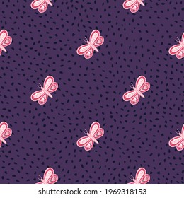 Wildlife-kreatives, nahtloses Muster mit doodle rosa Folk-Schmetterling-Druck. violetter Hintergrund. Ideal für Stoffdesign, Stoffdruck, Umhüllung, Abdeckung. Vektorgrafik.