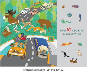 Wildlife crossings are structures that allow animals to cross human-made barriers safely. Vector illustration. Find 10 objects in the picture. Funny cartoon characters.