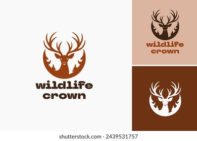 Plantilla de diseño del logotipo de la corona de la vida silvestre, logotipo de la corona de la vida silvestre con cabeza de ciervo y cornamenta, adecuado para la marca, al aire libre, caza y proyectos temáticos de la naturaleza.