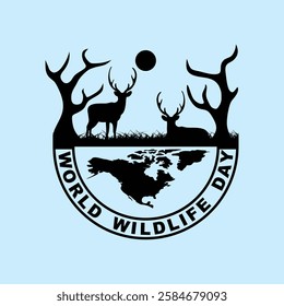 Wildlife Day Black And White Silhouette with Globe and Animals Vector