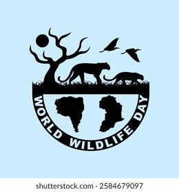Wildlife Day Black And White Silhouette with Globe and Animals Vector