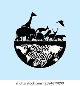 Wildlife Day Black And White Silhouette with Globe and Animals Vector