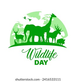 Wildlife day poster, world animal life and environment nature protect, vector. Wild life day, earth planet and green ecology conservation symbol of animals and forest trees silhouette or paper cut