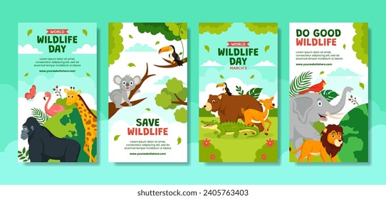 Wildlife Day Social Media Stories Flat Cartoon Hand Drawn Templates Background Illustration