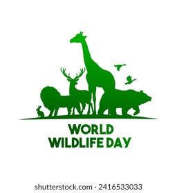 Wildlife day vector poster, wild animals green silhouettes isolated on white background. Biological diversity lion, bear, giraffe and hare with deer and ducks. Forest and african animals fauna holiday