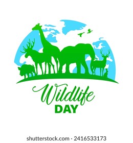 Wildlife day vector poster, wild animals green silhouettes on Earth globe. Biological diversity boar, moose, giraffe and elephant with reindeer and hare forest and african animals planet fauna holiday