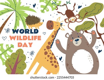 Día de la vida silvestre, el animal mundial protege el medio ambiente de vida silvestre, el concepto de conservación de la naturaleza. Ilustración del concepto de diseño gráfico plano vectorial
