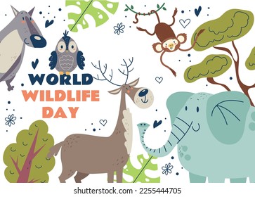 Día de la vida silvestre, el animal mundial protege el medio ambiente de vida silvestre, el concepto de conservación de la naturaleza. Ilustración del concepto de diseño gráfico plano vectorial
