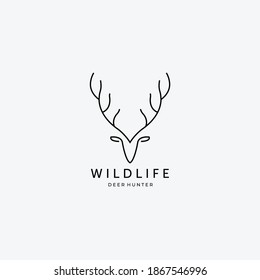 Wildlife Deer Hunter. Outdoor Wildlife Adventure. Logo Vector Illustration Design Template Line Art