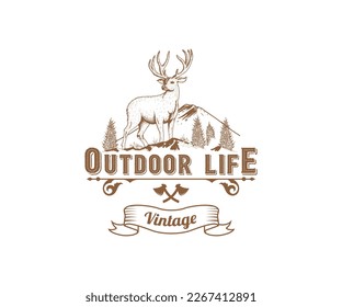 wildlife deer and mountain logo - vector illustration on a white background