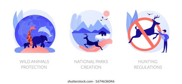 Wildlife defence, fauna care, environmental conservation. Wild animals protection, national parks creation, hunting regulations metaphors. Vector isolated concept metaphor illustrations.