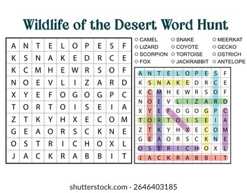 Wildlife of the Desert Word Hunt puzzle with solution, featuring desert animals like antelope, snake, lizard, tortoise, and jackrabbit.