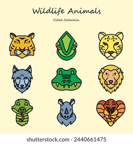 los iconos editables de la fauna silvestre establecen el estilo de la línea llena. con diversas formas. tigre, león, lobo, guepardo, cocodrilo. colección llena