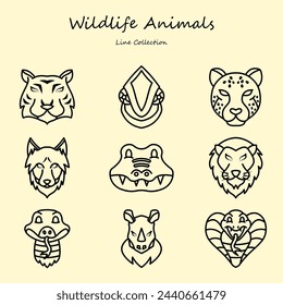 los iconos editables de la fauna silvestre establecen el estilo de línea. con varias formas. tigre, león, lobo, guepardo, cocodrilo. colección de contornos