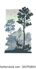 wildlife elk in forest with mountain landscape vector illustration