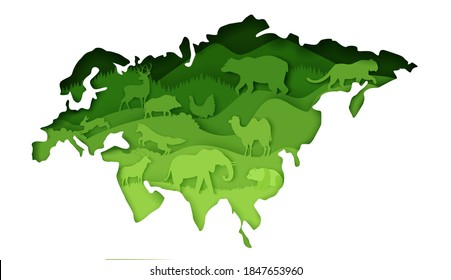 Wildlife of Eurasia, vector illustration. Paper cut craft style mainland Eurasia map with nature, bear, deer, tiger, boar, hare, elephant, panda, camel wild animals. Europe and Asia world continents.