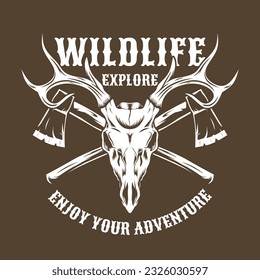 wildlife explore logo design with deer skull and cross axe illustration