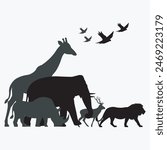 Wildlife family safari silhouette, Savanna grassland ecology, Environment and wildlife conservation, National parks in Africa. Lion, deer, elephant, rhino, giraffe, and bird icon vector illustrations.