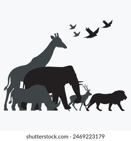 Wildlife family safari silhouette, Savanna grassland ecology, Environment and wildlife conservation, National parks in Africa. Lion, deer, elephant, rhino, giraffe, and bird icon vector illustrations.