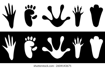 Wildlife Footprint Collection. Diverse Animal Tracks in Silhouette Style. Vector illustration isolated on black and white background.