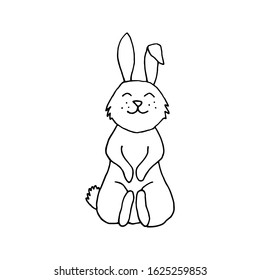 Wildlife, forest animal hare, cute sitting rabbit, bunny. Сoncept Easter. For logo, emblem, sign. Hand drawn vector illustration in doodle style outline drawing isolated on white background.
