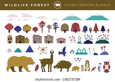 Wildlife forest animals vector flat illustration set. Full collection of animals and plants from the forest, wilderness and nature to build and create custom and fast eco friendly illustrations	