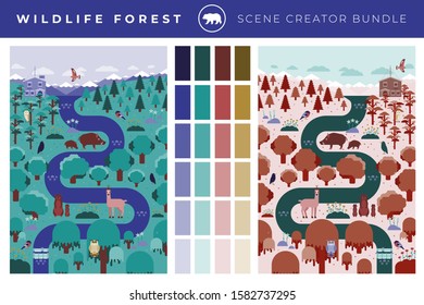 Wildlife forest animals vector flat illustration set. Full collection of animals and plants from the forest, wilderness and nature to build and create custom and fast eco friendly illustrations	