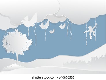 Wildlife in forest with Cloud, paper art style, vector illustration.