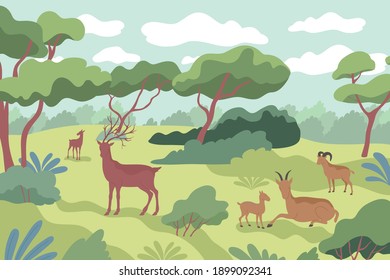 Wildlife forest flat composition with outdoor landscape with exotic plants and trees with horned cattle animals vector illustration