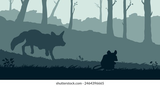 Wildlife forest landscape. Fox hunting mouse. Natural card with animal silhouettes. Horizontal outdoor print. Background banner. Shape graphic. Vector illustration