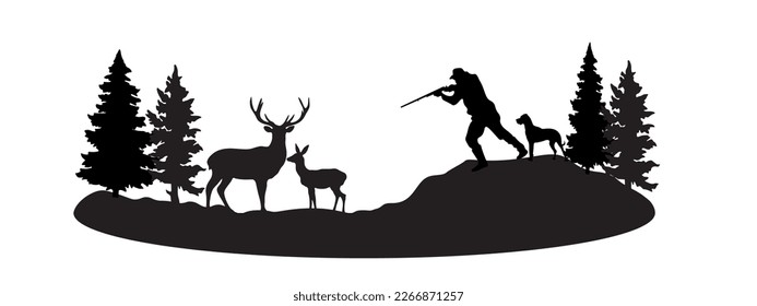 El paisaje forestal de la fauna silvestre caza hobby fondo de la bandera de fondo vector para el logo - Silueta negra de caza de cazadores y perros, ciervos y abetos de árboles forestales, aislados en fondo blanco