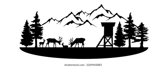 Wildlife forest landscape hunt hobby leisure background banner illustration vector for logo - Black silhouette of hunter perch stand, deer, mountains and forest trees fir, isolated on white background