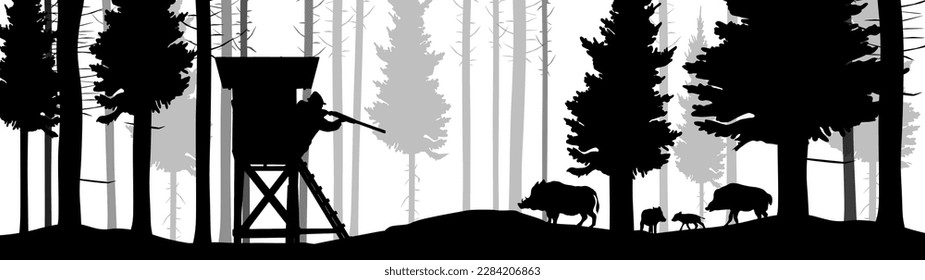 Wildlife forest landscape hunt hunting adventure hobby background banner illustration vector for logo - Black silhouette of hunter perch stand, wild boar  family, isolated on white background