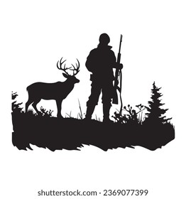 Wildlife forest landscape hunt hunting hobby background banner illustration vector for logo - Black silhouette of hunter perch stand, deer, dog and hunter, isolated on white background