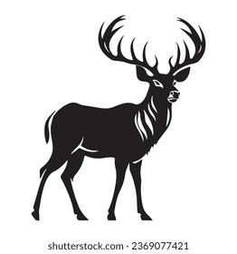 Wildlife forest landscape hunt hunting hobby background banner illustration vector for logo - Black silhouette of hunter perch stand, deer, dog and hunter, isolated on white background
