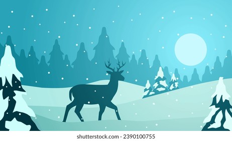 Wildlife forest landscape vector illustration. Scenery of reindeer silhouette in the pine forest. Deer wildlife panorama for illustration, background or wallpaper