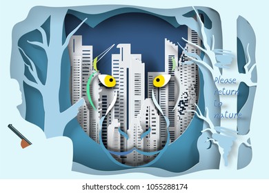 Wildlife and forest on city background as please return to forest concept.